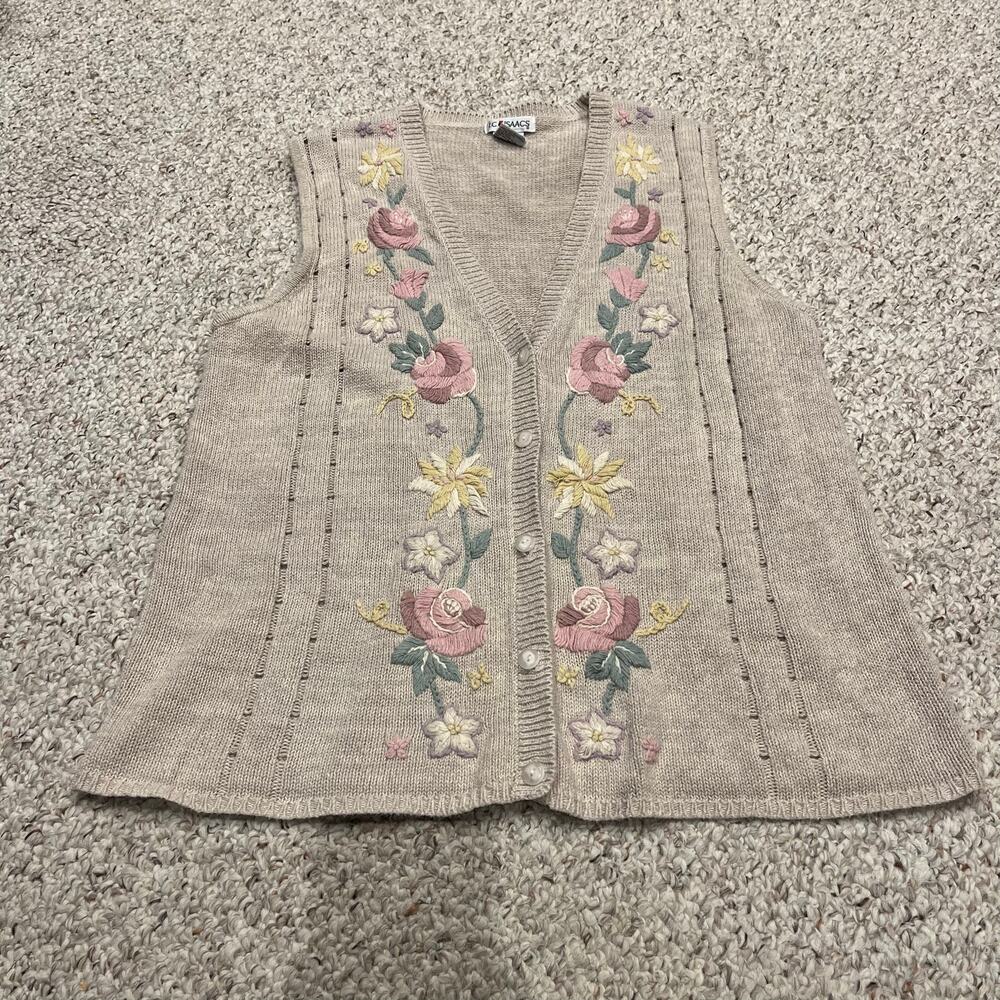 IC Isaacs Vintage Knit Sweater Vest Sz L Floral Cottagecore Embroidered Spring